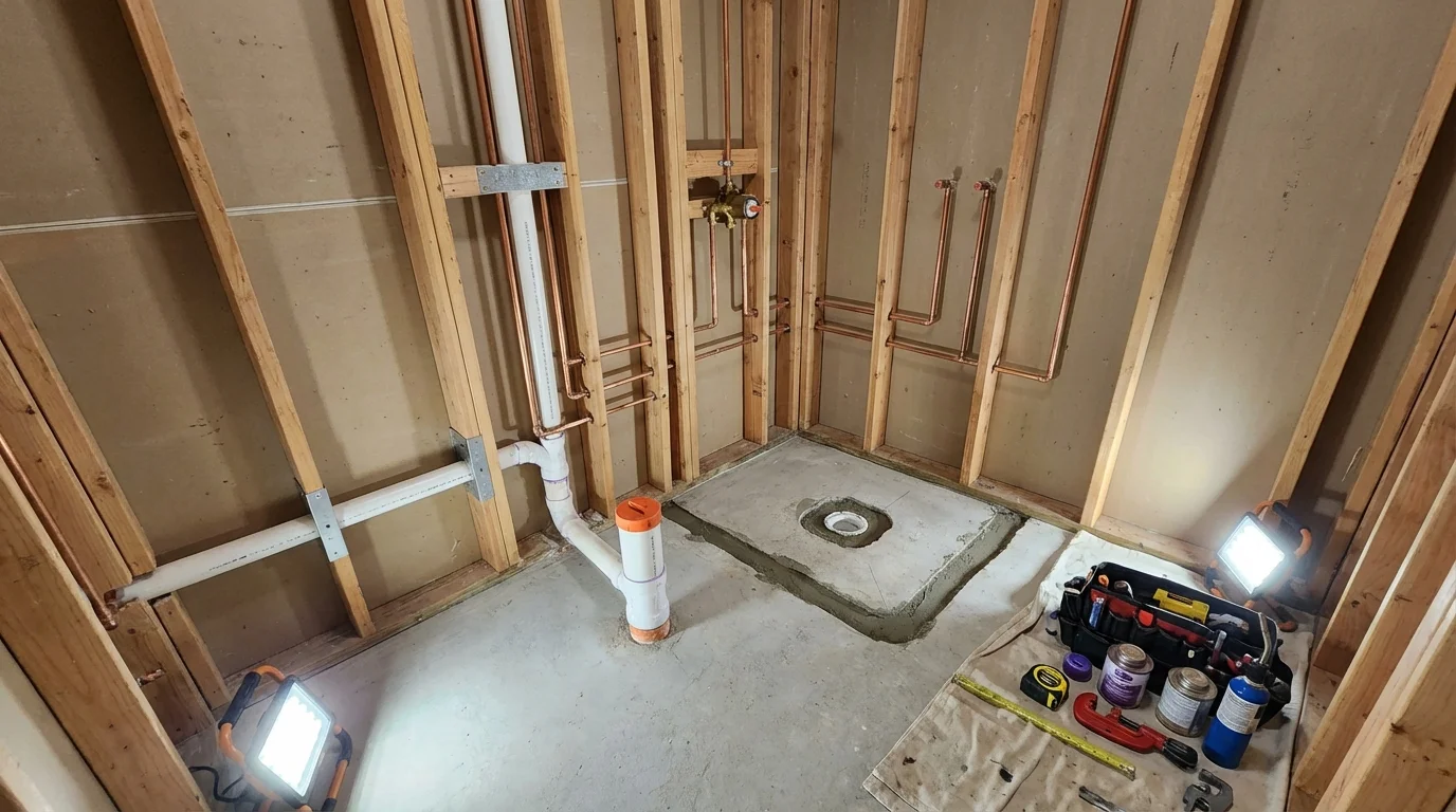 Bathroom rough-in plumbing during remodel by Johns Plumbing LLC in Clay Center