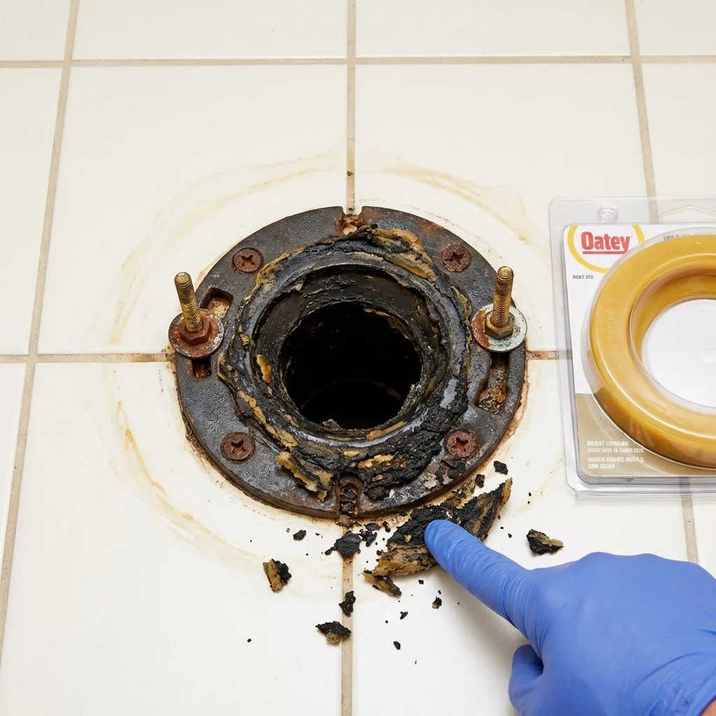 Failed wax ring showing water seepage at the base of a toilet in a Clay Center, NE home