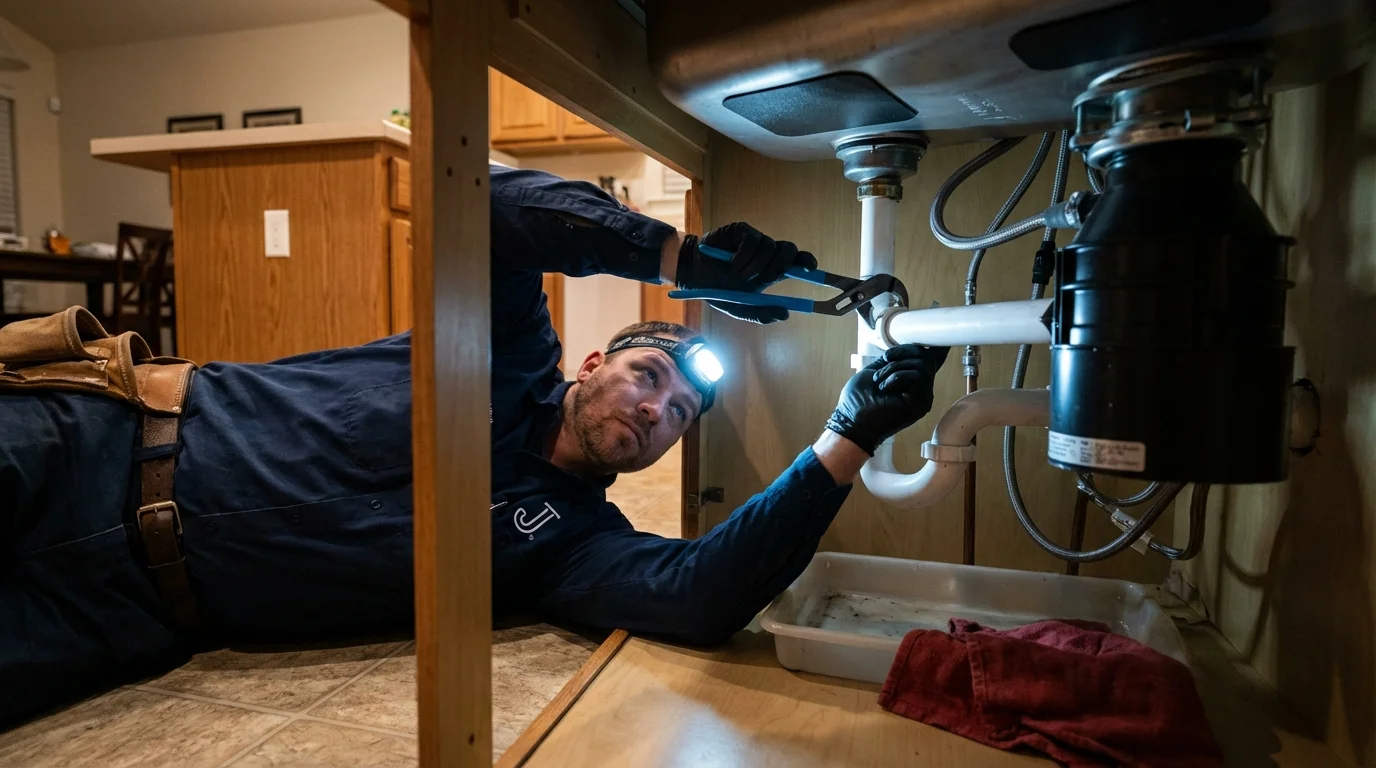 P-trap and supply line connections under a kitchen sink showing a common leak point in Clay Center, NE